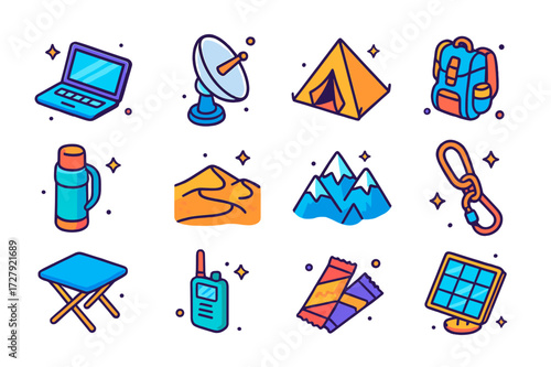 Remote Adventure Icons. Hand-drawn doodle illustration Christmas pets in festive outfits cat in Santa hat, dog with reindeer antlers, bunny with bell collar,