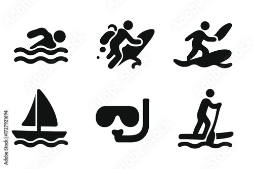Water Activity Icons. Solid, filled icon set of water activities: swimming, diving, surfing, kayaking, sailing, snorkeling, jet skiing, paddleboarding. Solid,