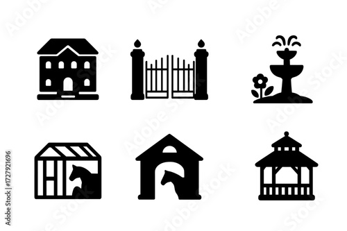 Estate Icon Set. Solid, filled icon set of estate properties: mansion, gate, garden, fountain, greenhouse, carriage house, stable, gazebo. Solid, filled icons