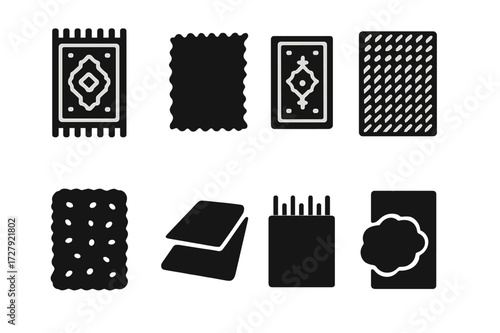Carpet Types Icons. Solid, filled icon set of carpet types: Persian carpet, shag carpet, oriental rug, sisal carpet, Berber carpet, carpet tile, synthetic