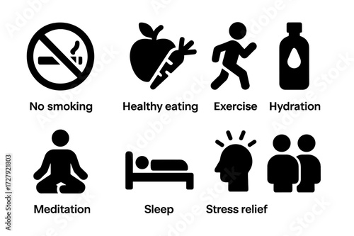 Wellness Habits Icons. Solid, filled icon set of wellness positive habits: no smoking, balanced diet, regular exercise, hydration, meditation, good sleep,