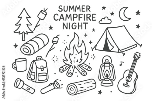 Summer Campfire Doodle. Hand-drawn doodle illustration Summer campfire night [campfire, marshmallow stick, tent, lantern, star, moon, tree, sleeping bag,