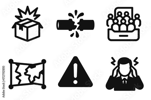 Uncontrolled Expansion Icons. Solid, filled icon set of uncontrolled expansion: exploding box, broken pipeline, crowded team, overflowing inbox, stretched map,