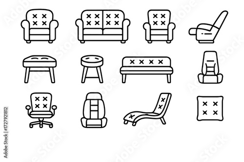 Leather Furniture Icon Set. Leather furniture. Line icon set of leather furniture: leather armchair, leather sofa, leather recliner, leather ottoman, leather