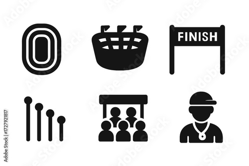 Sprint Race Icons. Solid, filled icon set of sprint race environment: running track, stadium, finish line, starting blocks, lane markers, scoreboard, spectator