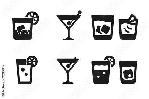 Bitters Cocktail Icons. Solid, filled icon set of bitters cocktail uses: old fashioned, Manhattan, Negroni, Sazerac, gin and tonic, martini, whiskey sour,