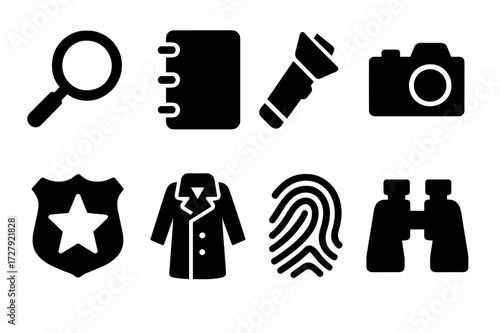 Detective Tools Icons. Solid, filled icon set of detective tools: magnifying glass, notebook, flashlight, camera, badge, trench coat, fingerprint, binoculars.
