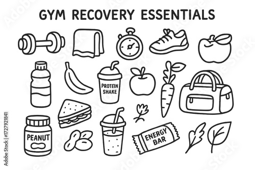 Gym Recovery Essentials. Hand-drawn doodle illustration Gym Recovery Essentials [dumbbell, towel, stopwatch, sneakers, water bottle, banana, protein shake,