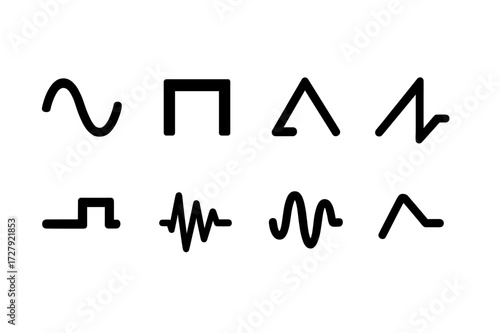 Waveform Icon Set. Solid, filled icon set of waveform types: sine wave, square wave, triangle wave, sawtooth wave, pulse wave, noise wave, modulated wave,