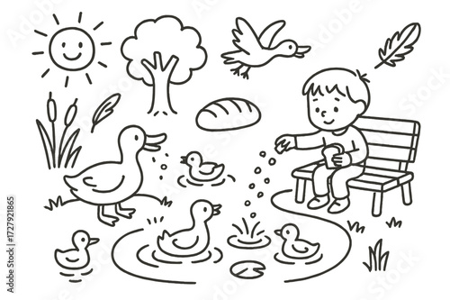 Pond Feeding Doodle. Hand-drawn doodle illustration [Feeding ducks at a pond] [duck, pond, breadcrumbs, child, bench, tree, feather, water ripple, sun, loaf of