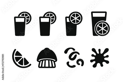 Citrus Juice Icons. Solid, filled icon set of citrus juices: lemon juice, lime juice, orange juice, grapefruit juice, citrus wedge, juiced half fruit, citrus