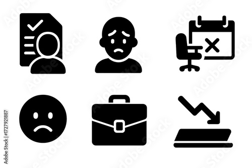 Workforce Reduction Icons. Solid, filled icon set of workforce reduction: layoff notice, worried person, empty office, canceled meeting, sad face, briefcase