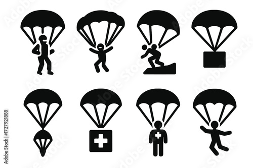 Parachute Icon Set. Solid, filled icon set of parachute applications: military jump, sport skydiving, BASE jumping, cargo drop, emergency evacuation, aerial