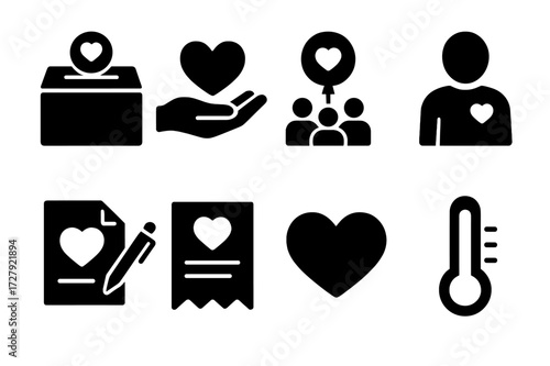 Charity Icons Set. Solid, filled icon set of charitable funds: donation box, charity hand, fundraising event, volunteer icon, grant application, donation