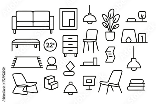 Minimalist Interior Doodle. Hand-drawn doodle illustration [modern minimalist interior] [clean-lined sofa, low table, framed art, hanging lamp, floor plant,