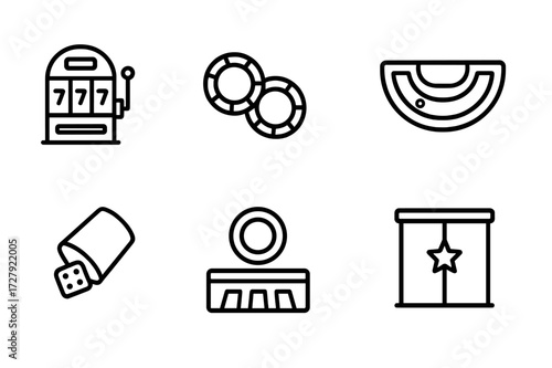 Casino Icon Set. Outline icon set of casino gaming area: slot machine, poker chips, blackjack table, roulette ball, dice cup, dealer button, cash counter, VIP