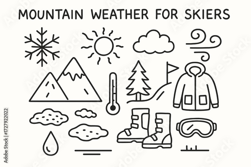 Skiing Weather Icons. Hand-drawn doodle illustration [Mountain weather for skiers] [snowflake, sun, cloud, wind swirl, mountain, pine tree, slope, flag,