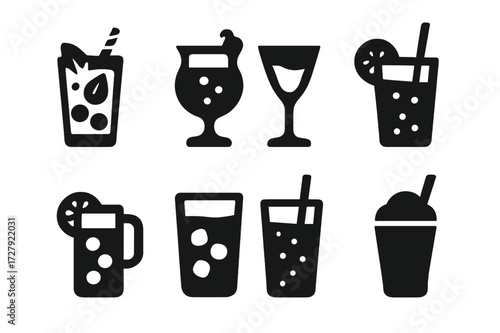 Non-Alcoholic Cocktail Icons. Solid, filled icon set of non-alcoholic cocktails: virgin mojito, fruit punch, mocktail glass, soda with lime, iced