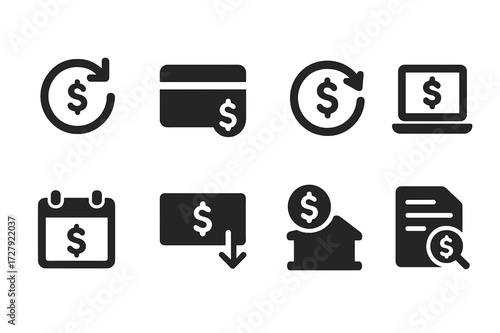 Financial Transaction Icons. Solid, filled icon set of financial transactions: debit transfer, card payment, automatic debit, online transaction, monthly