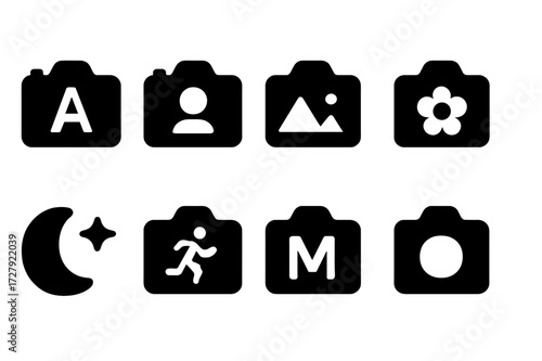 Camera Modes Icons. Solid, filled icon set of camera modes: auto mode, portrait mode, landscape mode, macro mode, night mode, sport mode, manual mode, video