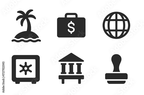 Offshore Finance Icons. Solid, filled icon set of offshore and tax haven: island, palm tree, money suitcase, tax document, globe, safe deposit box, offshore