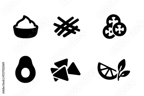 Spicy Bean Toppings Icons. Solid, filled icon set of spicy bean garnishes: sour cream, shredded cheese, chopped onions, jalapeno slices, avocado, tortilla