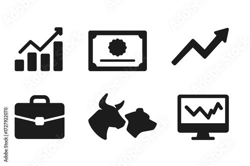 Stock Market Icon Set. Solid, filled icon set of shares and stock market: stock chart, share certificate, rising arrow, falling arrow, portfolio, bull market,
