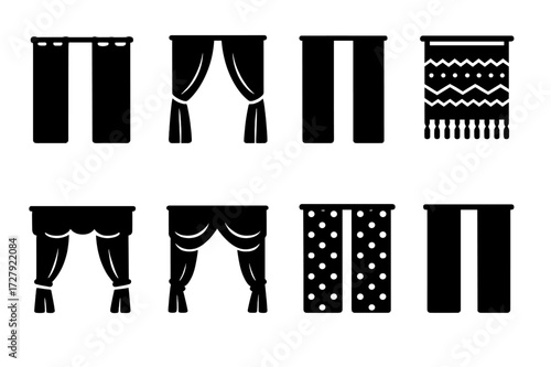 Curtain Design Icon Set. Solid, filled icon set of curtain design styles: minimalist curtain, classic drape, modern panel, boho curtain, rustic valance,