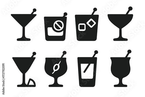 Stirred Cocktail Icons. Solid, filled icon set of stirring cocktail types: stirred martini, stirred old fashioned, stirred negroni, stirred Manhattan, stirred