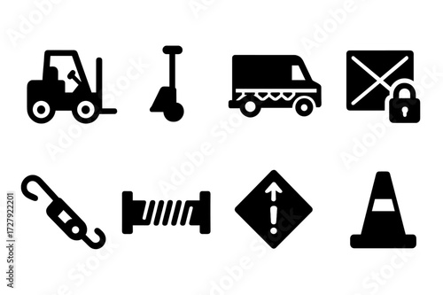 Transport Safety Icons. Solid, filled icon set of careful transport: forklift, hand pallet, padded van, secured cargo, tie-down strap, load lock, shock sensor,