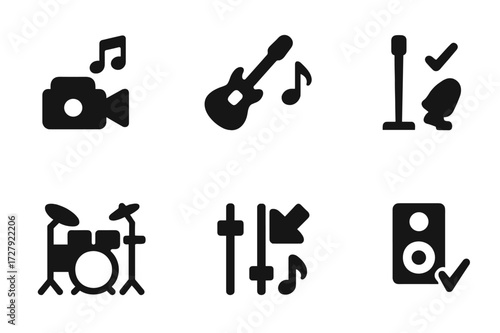Music Session Icons. Solid, filled icon set of session types: recording session, jam session, live session, practice session, rehearsal session, mixing