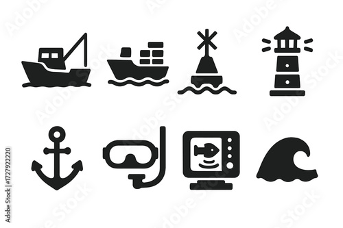 Marine Activity Icons. Solid, filled icon set of offshore marine activities: fishing boat, cargo ship, buoy, lighthouse, anchor, diving gear, sonar device, sea