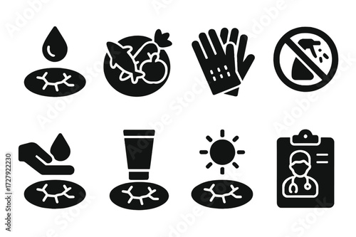 Cracked Skin Care Icons. Solid, filled icon set of cracked skin lifestyle tips: hydration, balanced diet, protective gloves, avoiding irritants, gentle