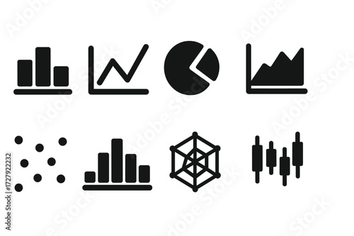 Chart Icon Set. Solid, filled icon set of chart types: bar chart, line graph, pie chart, area chart, scatter plot, histogram, radar chart, candlestick chart.