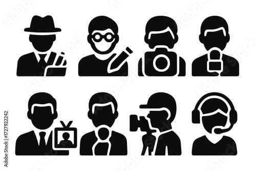 Press Roles Icons. Solid, filled icon set of press roles: journalist, editor, photographer, reporter, anchor, correspondent, cameraman, producer. [Line icons
