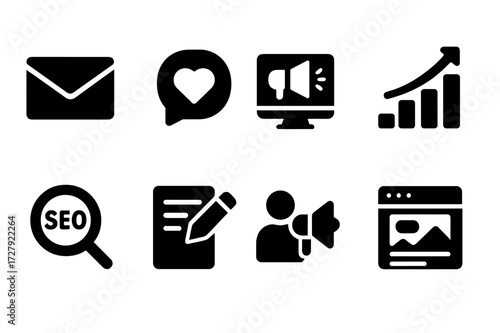 Digital Campaign Icons. Solid, filled icon set of digital campaign tools: email, social media, ads, analytics, SEO, content, influencer, landing page. [Line