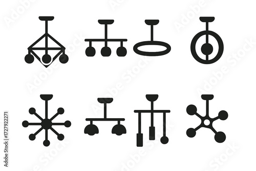 Modern Chandelier Icons. Solid, filled icon set of modern chandelier designs: geometric chandelier, linear chandelier, LED ring chandelier, orb chandelier,