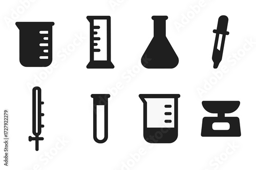 Laboratory Equipment Icons. Solid, filled icon set of laboratory measuring cups: beaker, graduated cylinder, volumetric flask, pipette, burette, test tube,