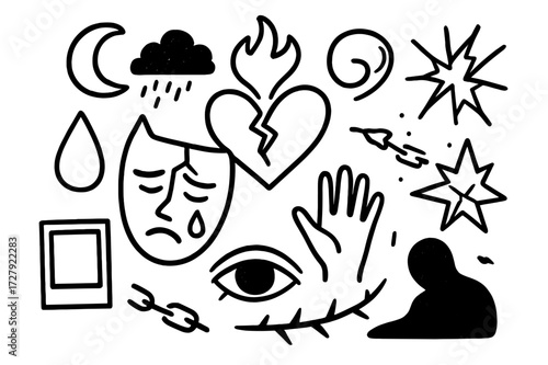 Symbols of Emotional Pain. Hand-drawn doodle illustration Inner pain cracked mask, tear drop, heart, flame, cloud, moon, broken chain, shattered glass, swirl,