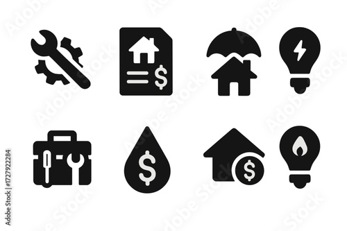 Homeownership Cost Icons. Solid, filled icon set of homeownership costs: maintenance icon, property tax bill, home insurance, utility cost, HOA fee, repair