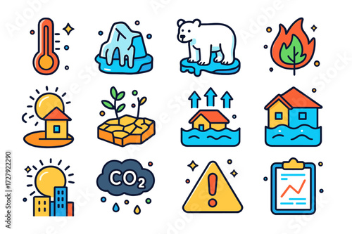 Global Warming Icons. Global warming. Colorful isometric vector icons set of Global warming: thermometer rising, melting ice cap, polar bear, wildfire,