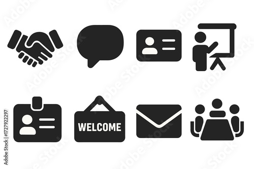 Introduction Icons Set. Solid, filled icon set of introduction concepts: handshake, speech bubble, business card, presentation, name tag, welcome sign, email
