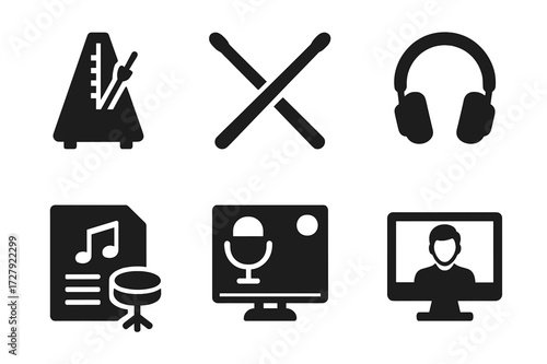 Drum Kit Practice Icons. Solid, filled icon set of drum kit practice and rehearsal: metronome, drumsticks, headphones, practice pad, music sheet, recording