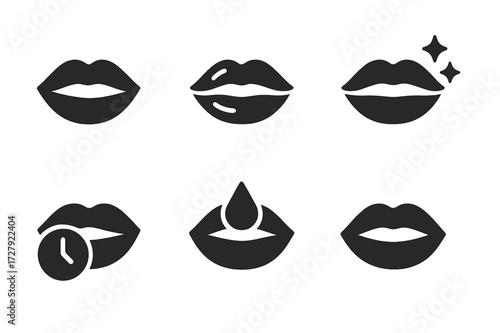 Lipstick Finish Icons. Solid, filled icon set of lipstick effects: matte finish, glossy finish, satin finish, shimmer finish, long-lasting, moisturizing, bold