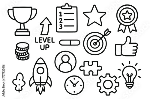 Workplace Gamification Icons. Hand-drawn doodle illustration workplace gamification trophy, leaderboard, star, badge, level-up arrow, progress bar, target,