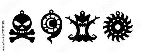 Vector spooky Halloween designs of earrings, pendant or keychain. Scary jewelry silhouette cutting template. Laser cutwith leather, wood or metal. Hanging bijouterie