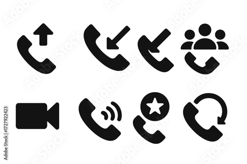 Call Icons Grid. Solid, filled icon set of call types: incoming call, outgoing call, missed call, conference call, video call, voice call, emergency call,