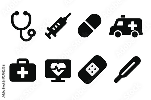 Medical Icon Set. Solid, filled icon set of medical symbols: stethoscope, syringe, pill, ambulance, first aid kit, heart monitor, bandage, thermometer. Solid,