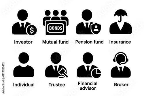 Bond Holders Icons. Solid, filled icon set of bond holders: investor, mutual fund, pension fund, insurance company, individual holder, trustee, financial