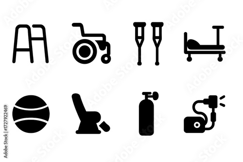 Recovery Equipment Icons. Solid, filled icon set of recovery equipment: walker, wheelchair, crutches, hospital bed, exercise ball, massage chair, oxygen tank,